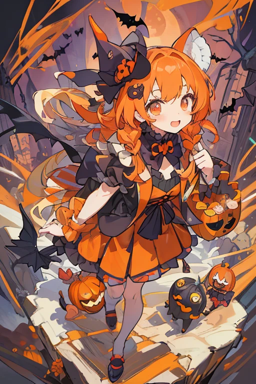 Kigurumi\Animal costume, (masterpiece),(top-quality),(ultra-detailliert), (The upper part of the body:1.2), 1 girl in,cute little,the bats、candies、Halloween、Halloween Bucket、Halloween Costumes、Happy halloween、Jack-o'-lantern、pumpkins、Pumpkin hair ornament、Contrapo、Challenging poses、