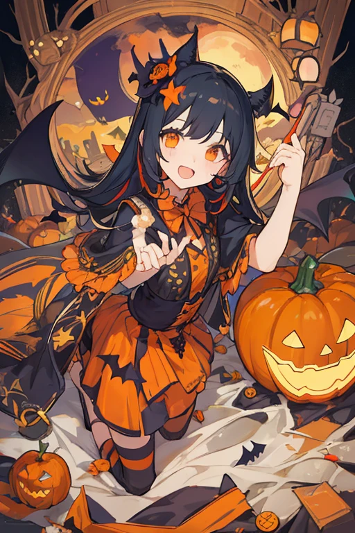 Kigurumi\Animal costume, (​masterpiece),(top-quality),(ultra-detailliert), (The upper part of the body:1.2), 1 girl in,cute little,the bats、candies、Halloween、Halloween Bucket、Halloween Costumes、Happy halloween、Jack-o'-lantern、pumpkins、Pumpkin hair ornament、Contrapo、Challenging poses、