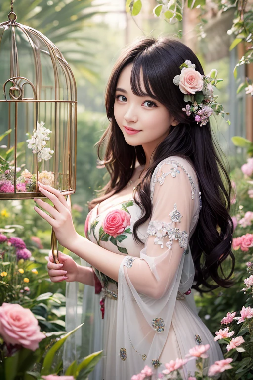 There is a beautiful girl in a bird cage that is large enough for a person to fit、Beautiful girl smiling in a bird cage、There are many flowers blooming around、Whispering of a little bird、The maiden's breasts are very large、See-through dress with fine floral embroidery、masutepiece、A detailed