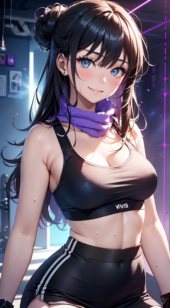 top-quality、Top image quality、​masterpiece、girl with((cute little、18year old、Best Bust、Medium bust、Bust 85,Beautiful blue eyes、 wide open,Long Black Hair、A slender、Middle knot、Black Sports Bra、White short skirt,Reflecting the whole body、Black perforated gloves、Sweating、A smile、Splattering sweat、Wrap a towel around your neck、Holding a plastic bottle)）hiquality、Beautiful Art、Background with((clubhouse、Blue lighting、Purple Laser Illumination、Red laser illumination,Yellow laser illumination,fitness club、natta、Virtual Worlds)),masutepiece、Elaborate design、visualart、depth of fields、The best lighting、highestdetailed、8ｋ,Super delicate