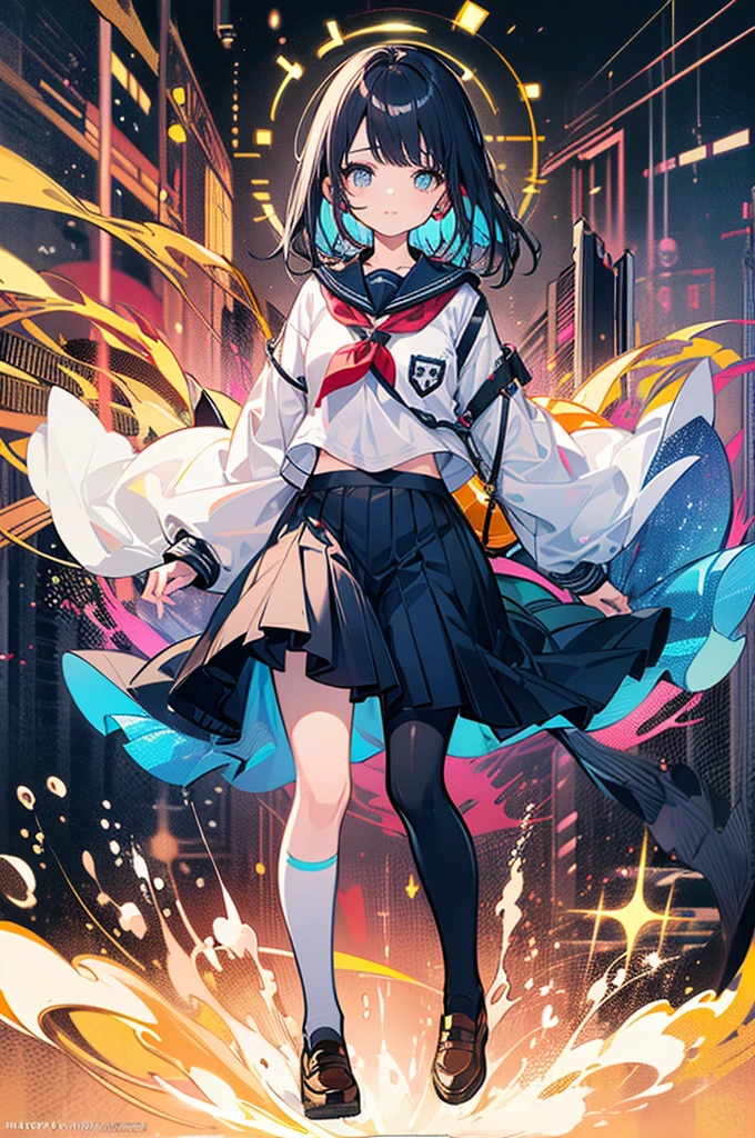 (Top quality illustrations:1.3)、(Cute girl s:1.0)、(女の子1人:1.0)、(Short black hair:1.0)、(School Uniforms:1.0)、(full body Esbian:1.0)、(ultra-detailliert) 、17 ageu have headphones、Jumping