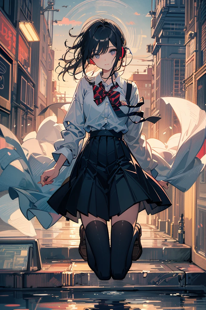 (Top quality illustrations:1.3)、(Cute girl s:1.0)、(女の子1人:1.0)、(Short black hair:1.0)、(School Uniforms:1.0)、(full body Esbian:1.0)、(ultra-detailliert) 、17 ageu have headphones、Jumping