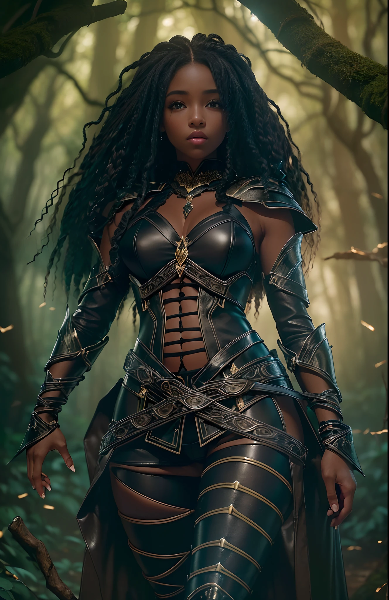 ((18-year-old))), black girl, (((light skin))), (((full body pose))),  (((long curly black hair))), (((wearing tight chainmail micromini skirt, chainmail bra, open front cloak, wings))), (((seamless, black, pantyhose))), standing in the dark woods at night, moonlight shining through the dense canopy, (((dark castle in the background))), dark fantasy, Rich, Deep Colours, (intricate details:0.9), (HDR, hyper-detailing:1.2), (natural skin textures, hyper realisitc, glistening skin, soft light, Sharp),
