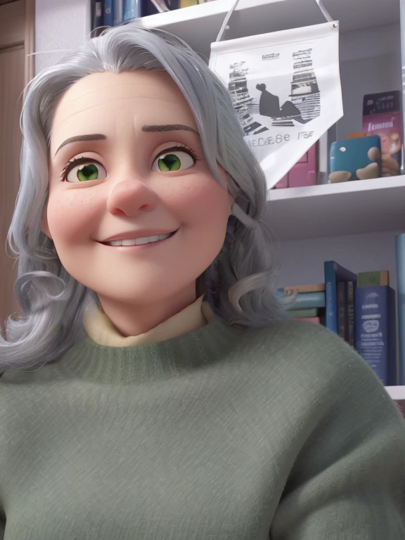 Smiling woman with gray hair and green sweater in front of bookshelf, ficando cinza, imagem de perfil, non blurry, imagem desfocada, imagem de qualidade muito baixa, foto de perfil headshot, 4 5 I, alguns cabelos grisalhos, foto do perfil, Fotografia selfie 8k, foto muito precisa, 3 0 anos mulher, taken in the early 2020s, stephanie welsh
