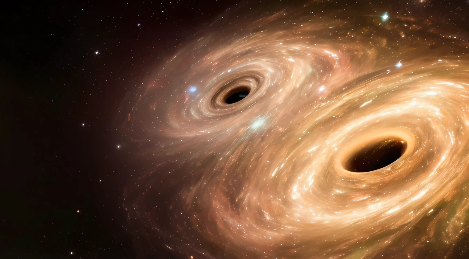 A closeup of two Black Holes in a galaxy with stars, Buracos Negros, saindo de um Buraco Negro, is being drawn into a blackhole, dentro de um Buraco Negro, black hole with disс accretion, Black hole in space, Buraco Negro interestelar, Buraco Negro, horizonte de eventos de Buracos Negros, viajando para um Buraco Negro, Swirling galaxies