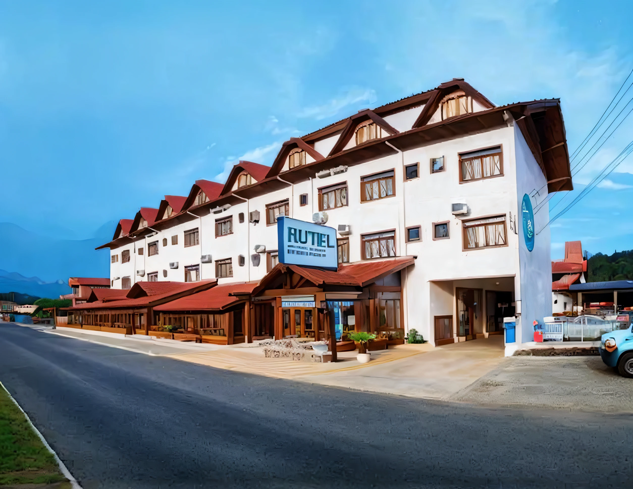 um hotel, Blue sky and mountains in the background, estilo disney pixar