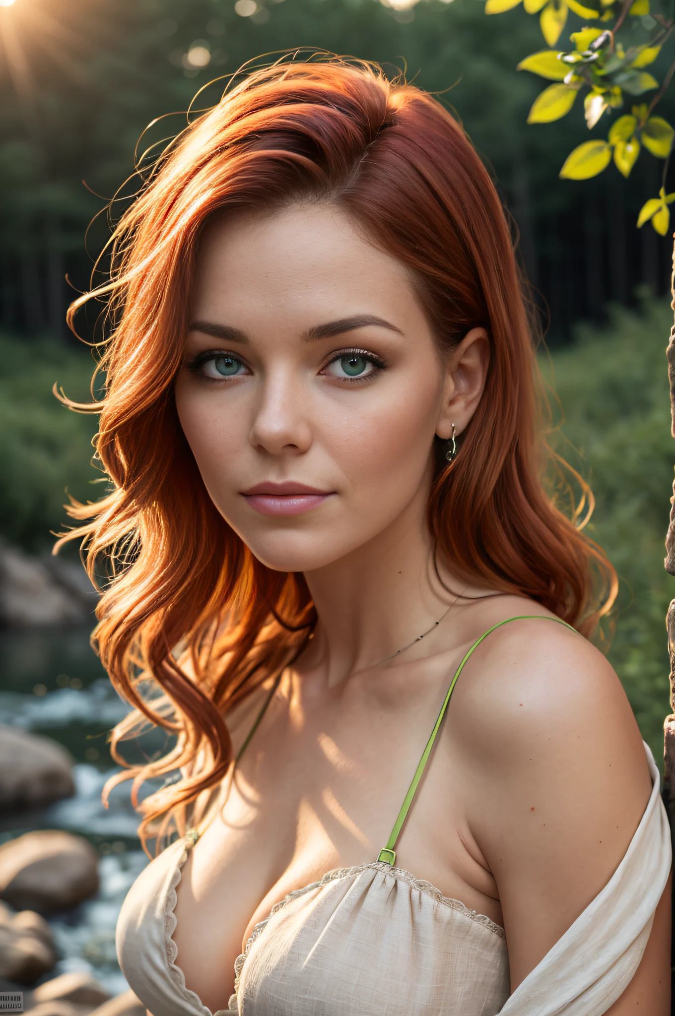 Portrait of a 36-year-old redheaded woman with green eyes, close-up chest, Victorian bustier in cream-colored linen, small breasts, hands in hair, ultra detailed skin texture, sexuality, seduction, love look, slight smile, mouth ajar, river, rock, forest, sunset, dynamic light, contrast, cinematic rendering, 32K, RAW