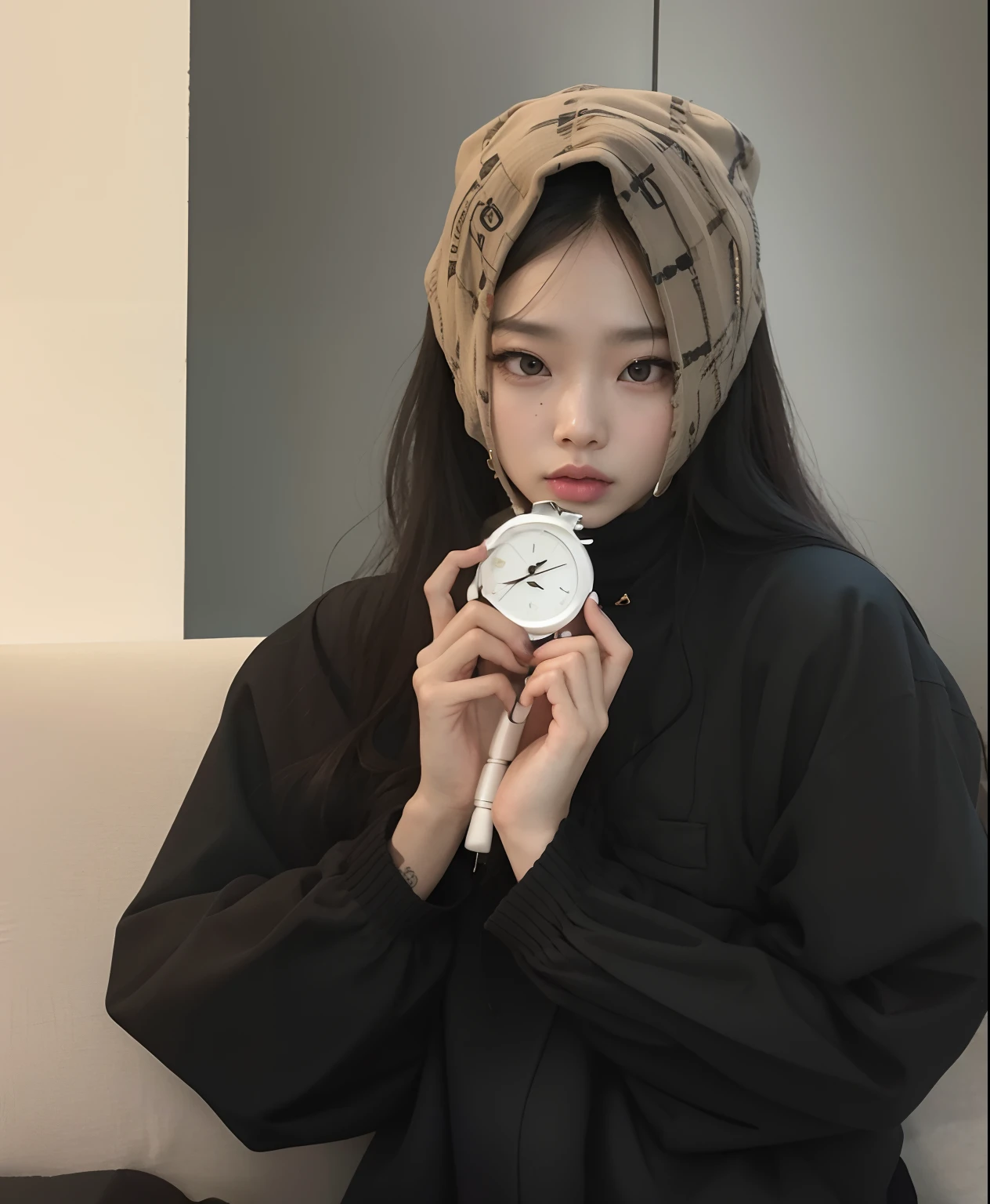There's a woman sitting on a couch holding a clock, jennie blackpink, jossi do blackpink, Kim Doyoung, Ulzzang, with apple, Retrato de Jossi de Blackpink, Jinyoung Canela, Jisoo do Blackpink, Parque Roseanne do Blackpink, jisoo do blackpink, E - Menina, e-menina, com fones de ouvido, vestindo um pescador 🧥, Retrato Jisoo Blackpink