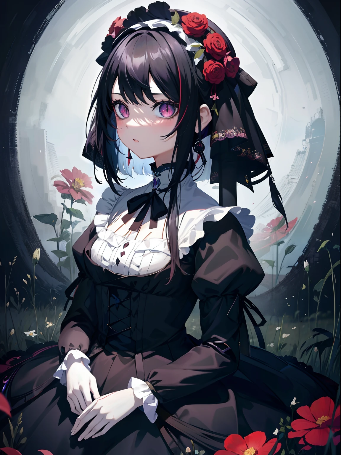 anime girl with a gun in her hand sitting in a field of flowers, gothic maiden anime girl, anime girl wearing a black dress, zerochan art, guweiz on pixiv artstation, **** in dress, guweiz on artstation pixiv, anime art wallpaper 8 k, high quality anime artstyle, beautiful anime portrait