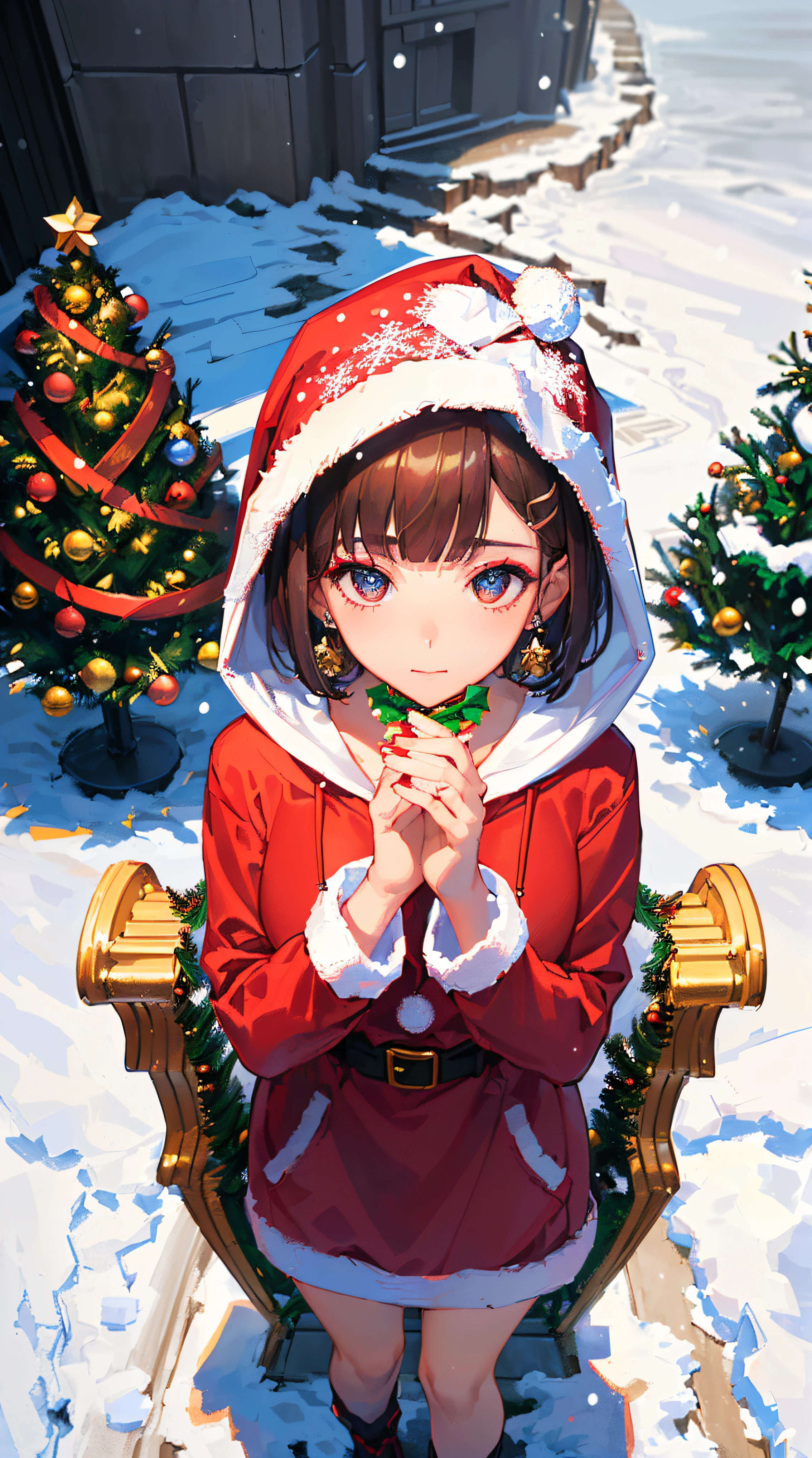 ((((christmas theme,meticulous portrayal of face，1 noblewoman，a matural female，))))(pink dress long coat，)(dark night background+,perfect background)，Prom，Court etiquette，  s the perfect face， Perfect lips， perfect  eyes,)(((opera style,red hair,baggy coat,large hoodie,)))，((1lady,adorable korean mixed race of Saudi Arabia girl，rosto magro，Solo,smokey makeup,smug,))(Masterpiece,Best quality, offcial art, Beautiful and aesthetic:1.2),((超高分辨率,Golden ratio,)) (16k),((((christmas trees,snowing,))))((melon face，from above，1JK,bells,candy sticks)),(Physically-based rendering),Amazing,Sharp focus, (((highdetailskin,))),Intricately detailed clothing，red pupils,Hexagram pupils,intricate pupils,((((detailed hair|short hair|long bangs|blunt bangs)))),((Slender,))(masterpiece sidelighting),(The sheen),(beautiful hair,beautiful eyes,）[[Delicate fingers and hands:0.55]::0.85],(Detail fingers),(((Superior quality)))),((unbelievable Ridiculous,)),((extremely_Detailed_Eyes_and_face)),Movie girl,(Dynamic configuration: 1.2),Brilliant,Beautiful woman, (Photorealistic),( maple,), mitts, triangle crystal earrings, ((hairclip)), Light particles, view the sky,  petals, Side Rock,, two-sided fabric