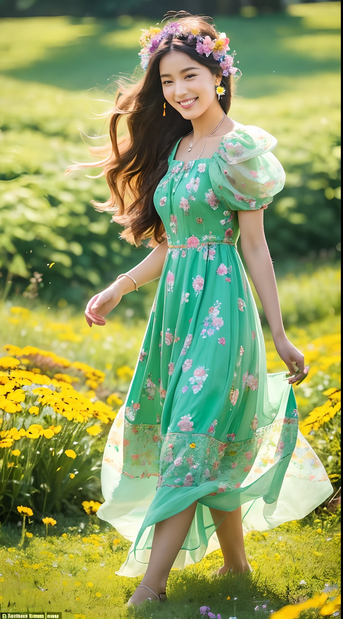 Please imagine a beautiful woman strolling through a gorgeous flower meadow. She is wearing a vibrant dress adorned with colorful flowers and has an elegant smile as she walks through the forest. The surroundings are filled with blooming flowers of various hues, while small birds flutter around her. Her hair is adorned with flower accessories, and her flowing presence creates a stunning scene