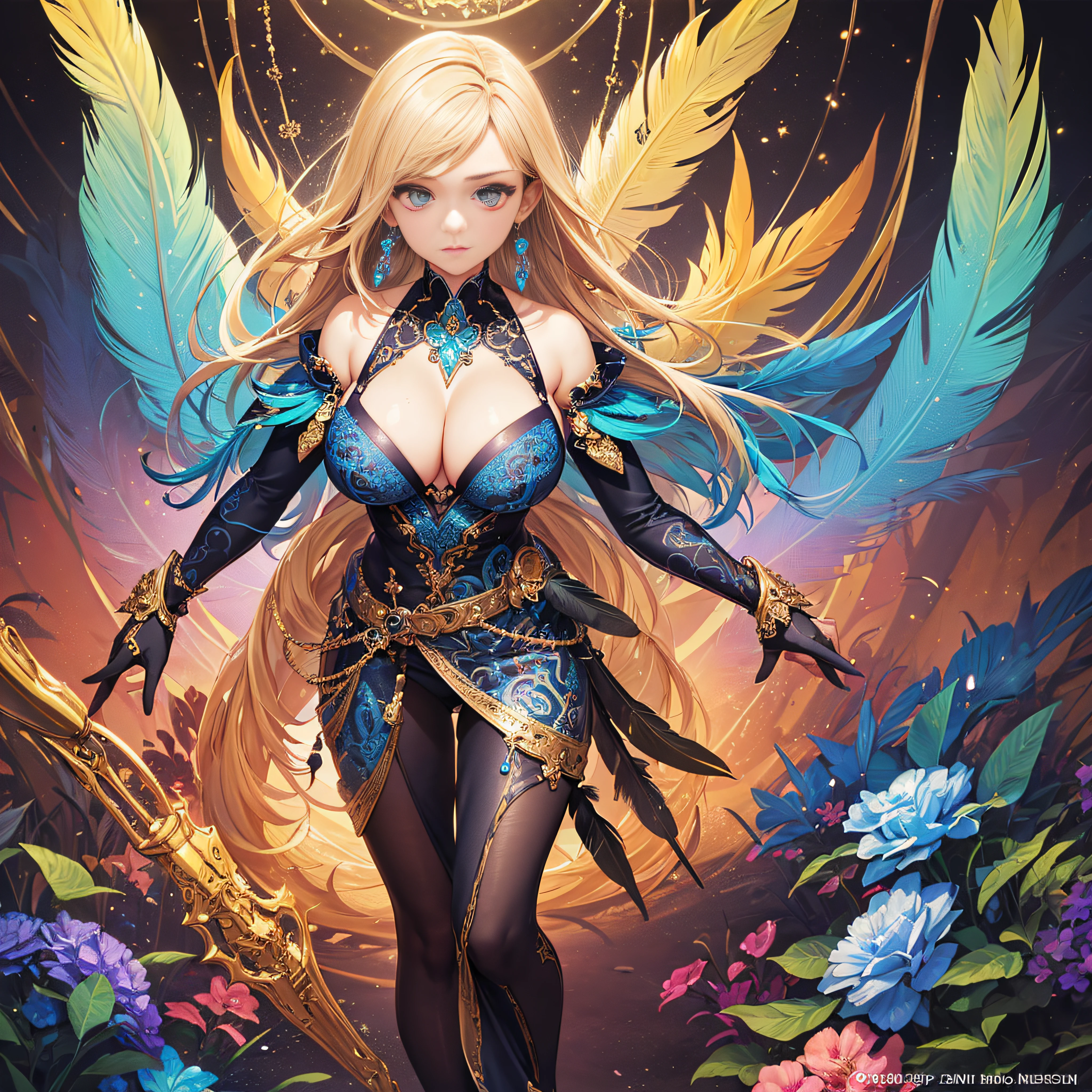 girl with, Big breasts, Bare shoulders, Blonde hair, colorful feather, metal ornaments, Colorful flowers, Particle, light, (masutepiece, of the highest quality, Best Quality, Official art, Beautiful and aesthetic:1.2), (1girl in:1.3), Extremely detailed, (Fractal Art:1.1), ( Colorful:1.1)(Flowers:1.3),highest details,(Zentangle:1.2), (Dynamic Pose), (Abstract background:1.3), (Shiny skin), (Many colors:1.4), (earrings:1.4), (Feathers:1.4), Full body image
