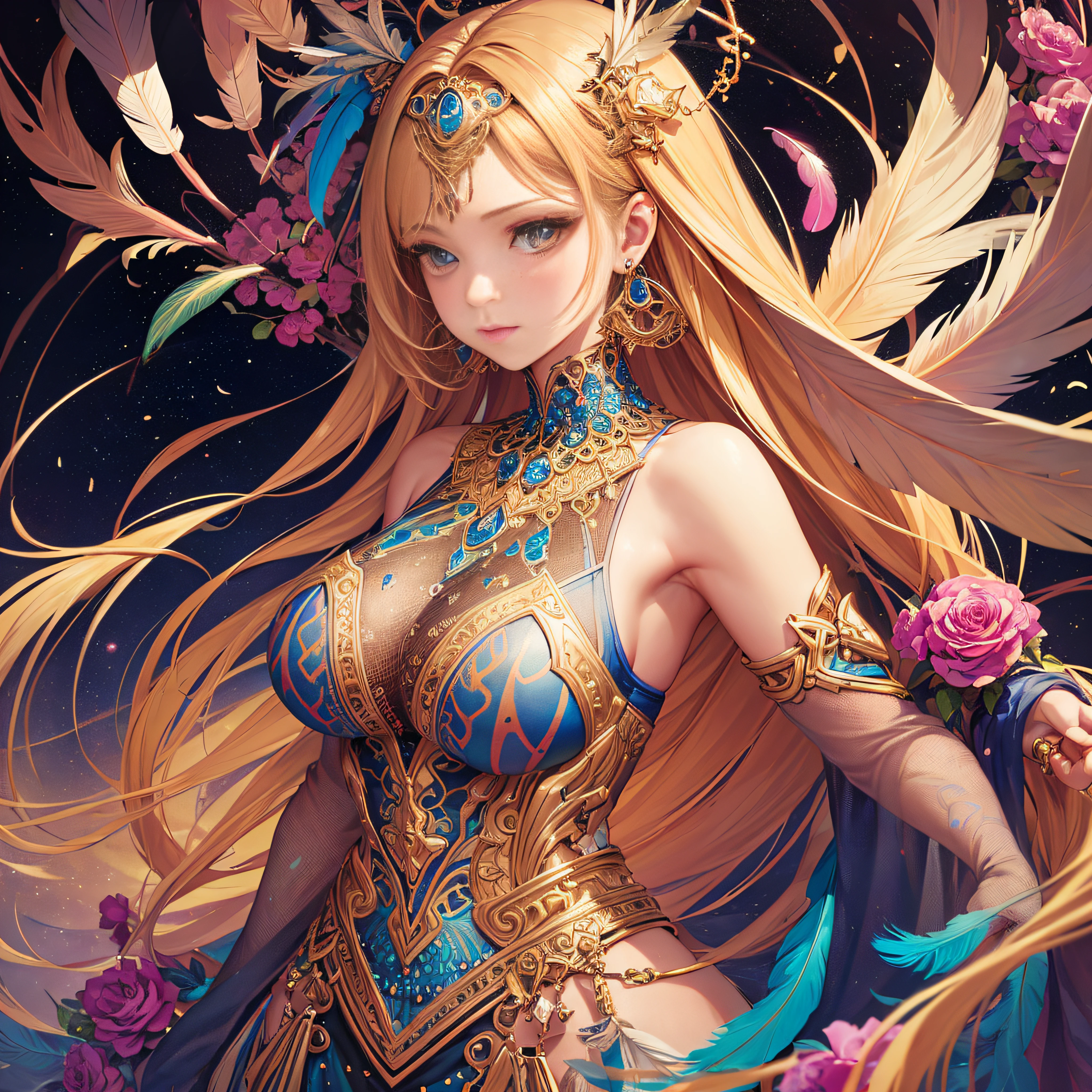 girl with, Big breasts, Bare shoulders, Blonde hair, colorful feather, metal ornaments, Colorful flowers, Particle, light, (masutepiece, of the highest quality, Best Quality, Official art, Beautiful and aesthetic:1.2), (1girl in:1.3), Extremely detailed, (Fractal Art:1.1), ( Colorful:1.1)(Flowers:1.3),highest details,(Zentangle:1.2), (Dynamic Pose), (Abstract background:1.3), (Shiny skin), (Many colors:1.4), (earrings:1.4), (Feathers:1.4), Full body image