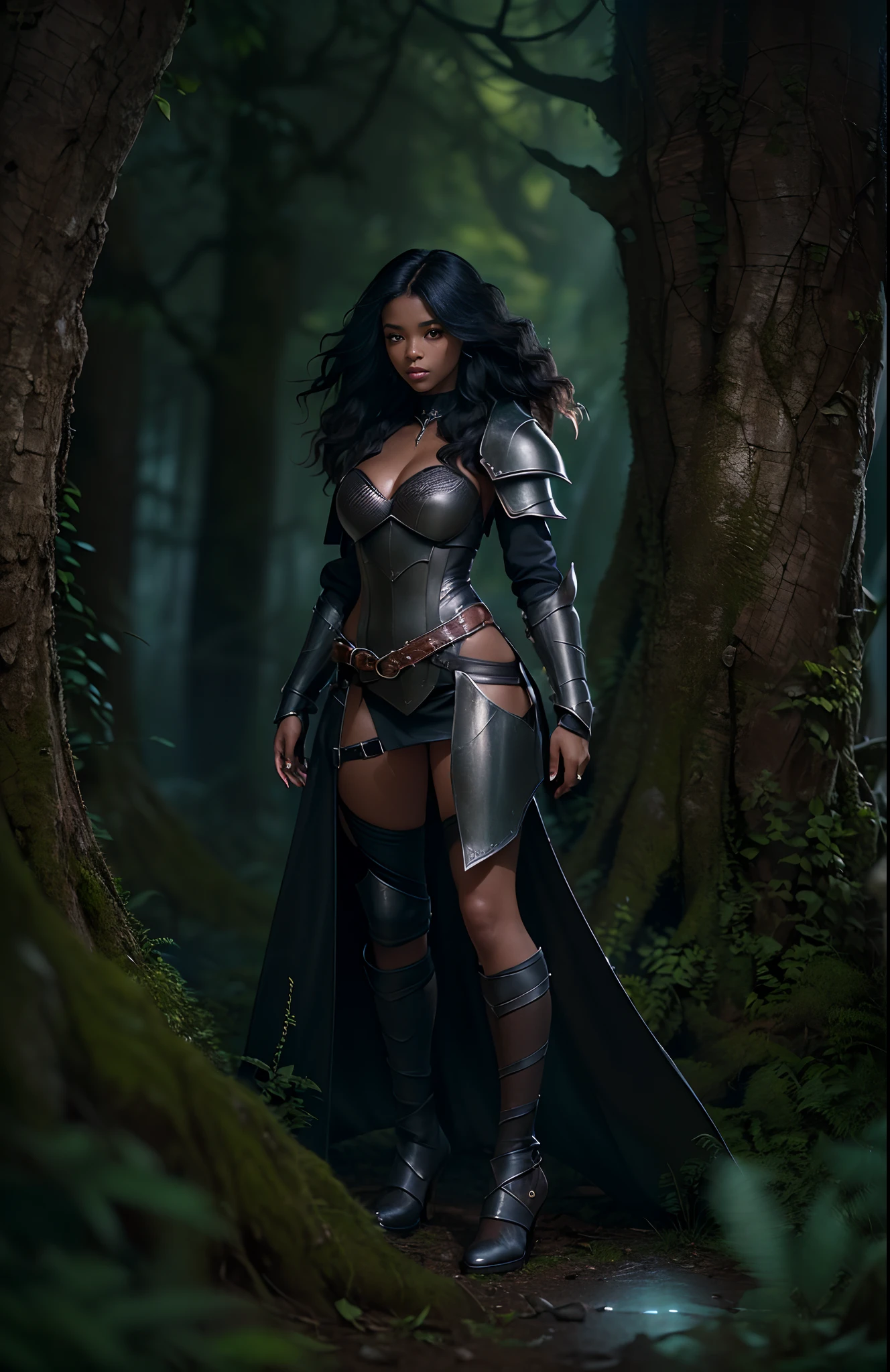 ((20-year-old))) black girl, (((light skin))), magical aura surrounding her, (((she is in a mysterious dark forest))), dusk, (((thigh gap))), (((close-up full body pose))), long black wavy hair, high heel boots, (((wearing torn leather armor))), (((Dungeons and Dragons style art))), fantasy art, Rich, Deep Colours, (intricate details:0.9), (HDR, hyper-detailing:1.2), (natural skin textures, hyper realisitc, soft light, Sharp),