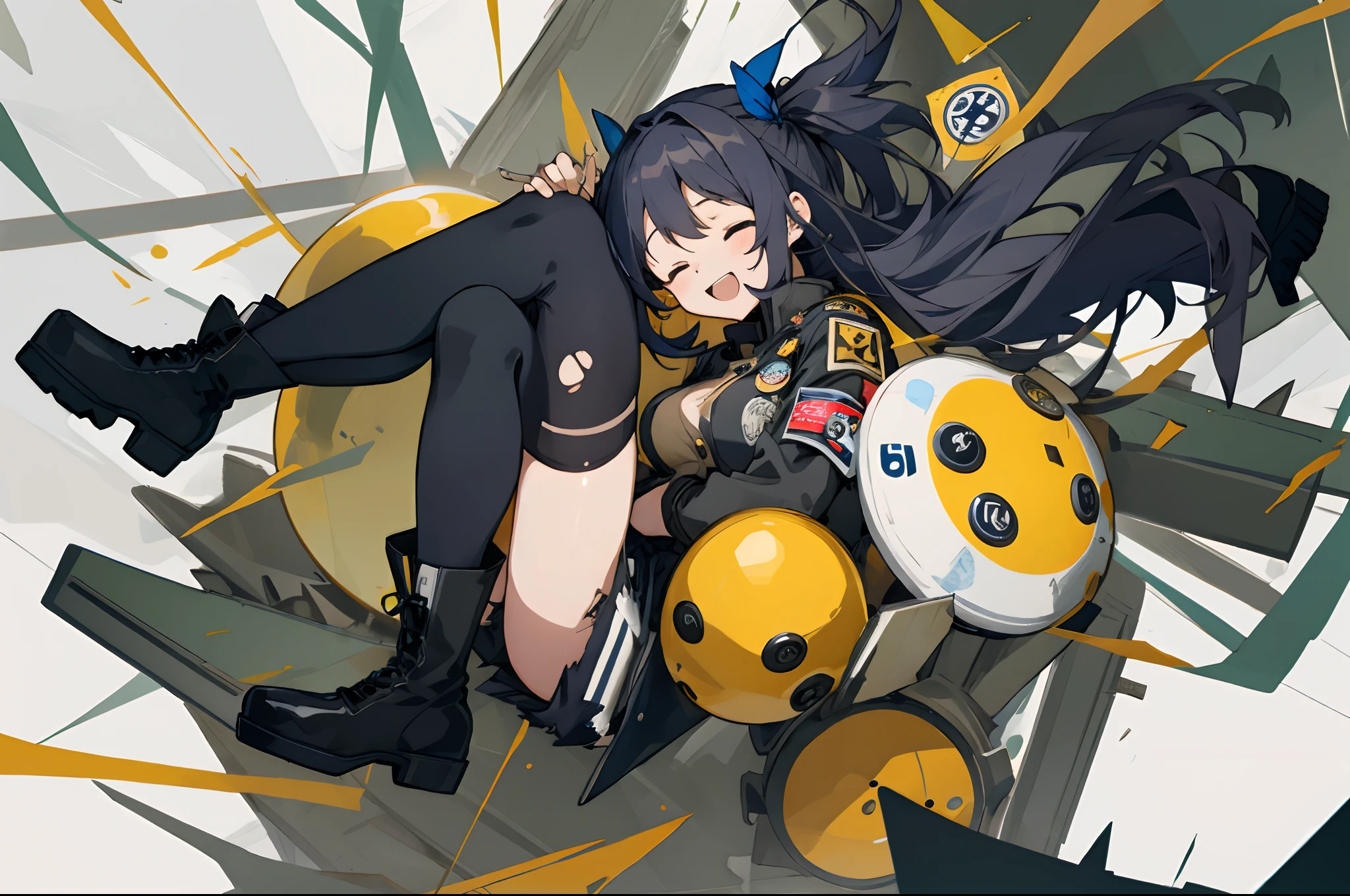 originalhoney, 1girl, torn thighhighs, solo, thighhighs, closed eyes, badge, torn clothes, boots, open mouth, breasts, button badge, sitting, black footwear, smile, jacket, black thighhighs