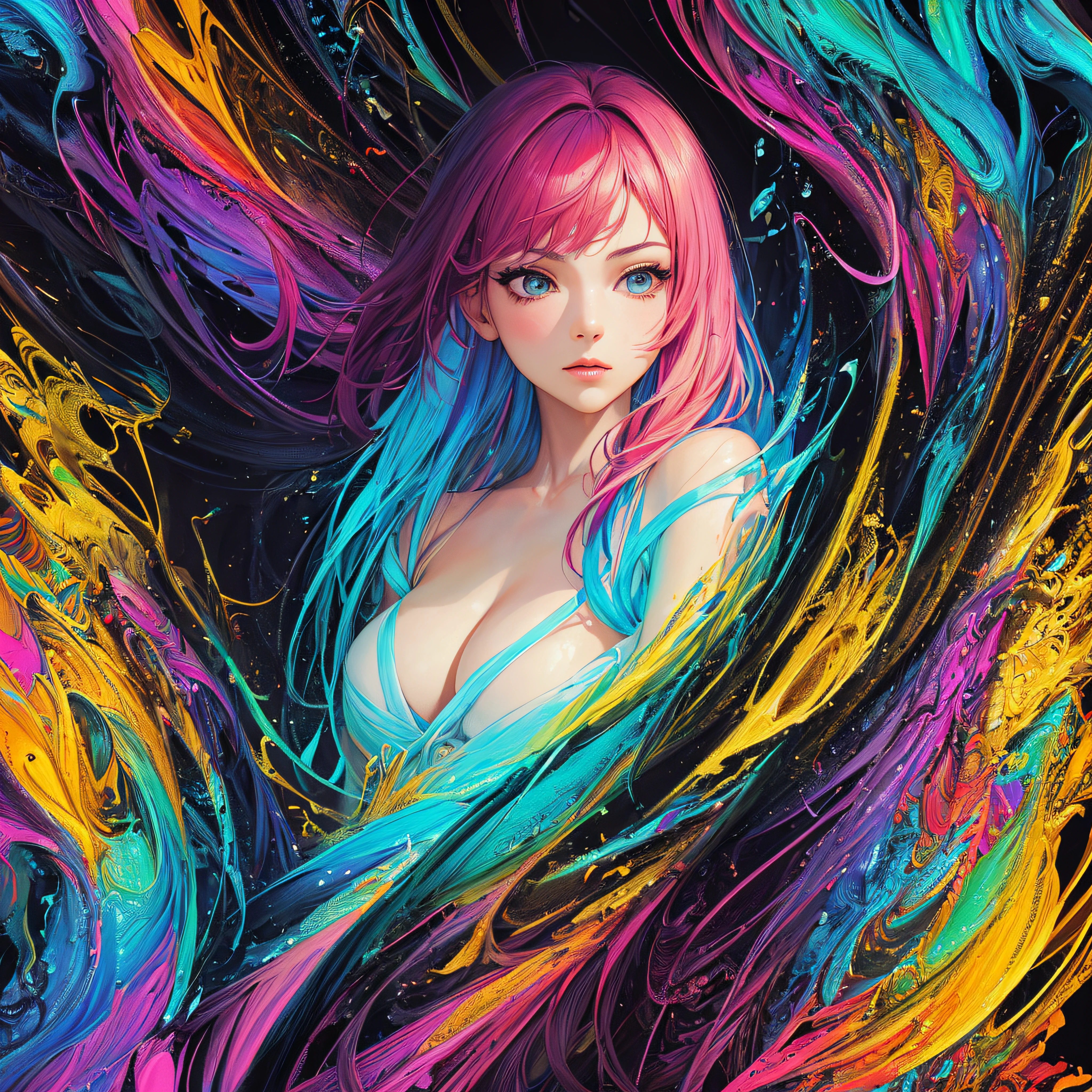 (masterpiece, top quality, best quality, official art, beautiful and aesthetic:1.2), extremely detailed,fractal art,(colorful:1.5),highest detailed,zentangle, close-up,
(1girl:1.5), solo, (dynamic pose), (abstract background:1.5), (shiny skin),