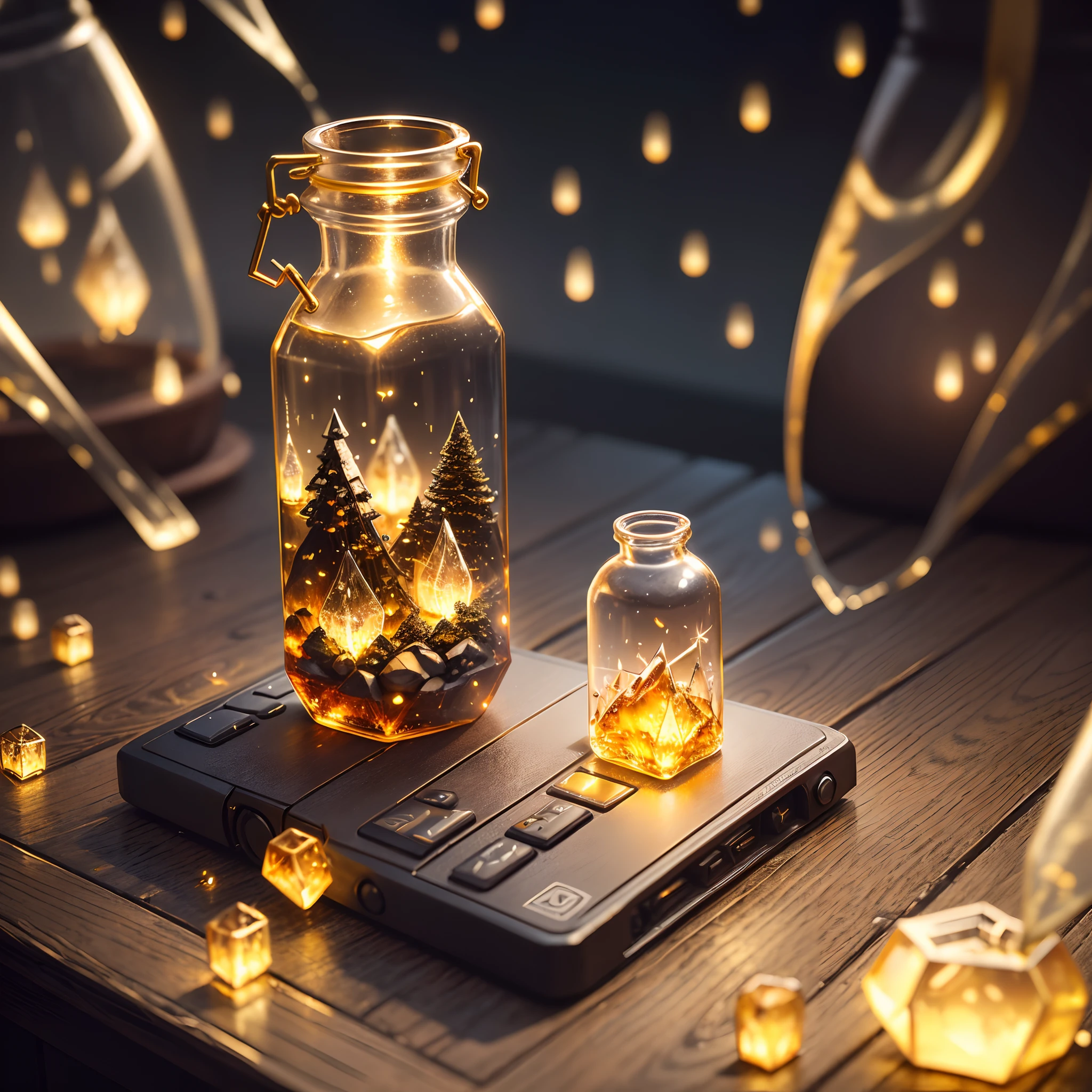 Computer, realistic fantasy, extensive landscape ultrasonic photography (general view showing glass bottle, glass, ice, fireflies), blurred background, gloomy, magic, ice, (gold theme color:1.2), (hex color #FFD700)