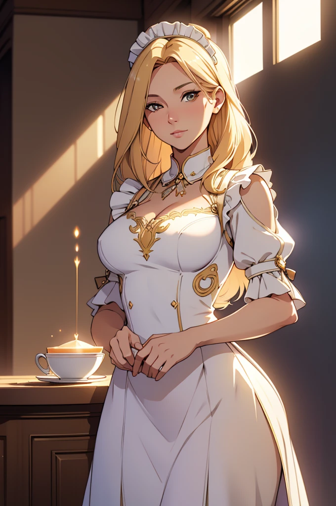 A beautiful woman, (( maid, cafe background)), perfect body figure, beautiful face, milf, age 46, royal, blond color hair, fine details, cinematic lighting, beautiful lighting effect, creative design, full frame, divine aura, shining light, perfect color transition, perfect balance of contrast, perfect color layer, perfectly smooth color blur, soft rendering, smooth color stroke, sun glare, optic lens, light ray, soft colors, smooth colors blend, perfect color rendering, harmony, perfect color harmony, light particles, perfect details, intricate details, color prism, fine clothes, fine details, creative maid clothes design