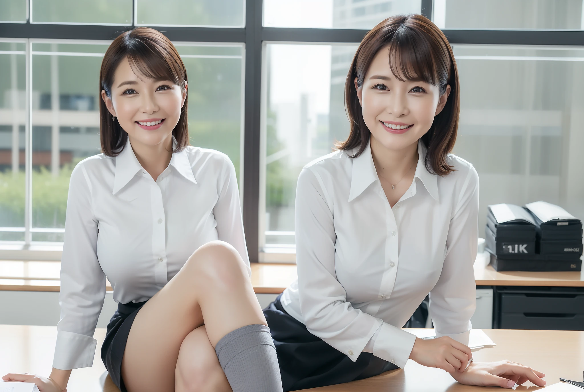 ((Best Quality, 8k, Masterpiece, Portrait: 1.3)), (looking at viewer), (full shot:0.85), attractive business 3 milfs, 3 people, white collared shirt, grey skirt, black stocking, (big pelvis:0.5), (sitting with cross legs on office desks)), smile:0.2, office of CEO,