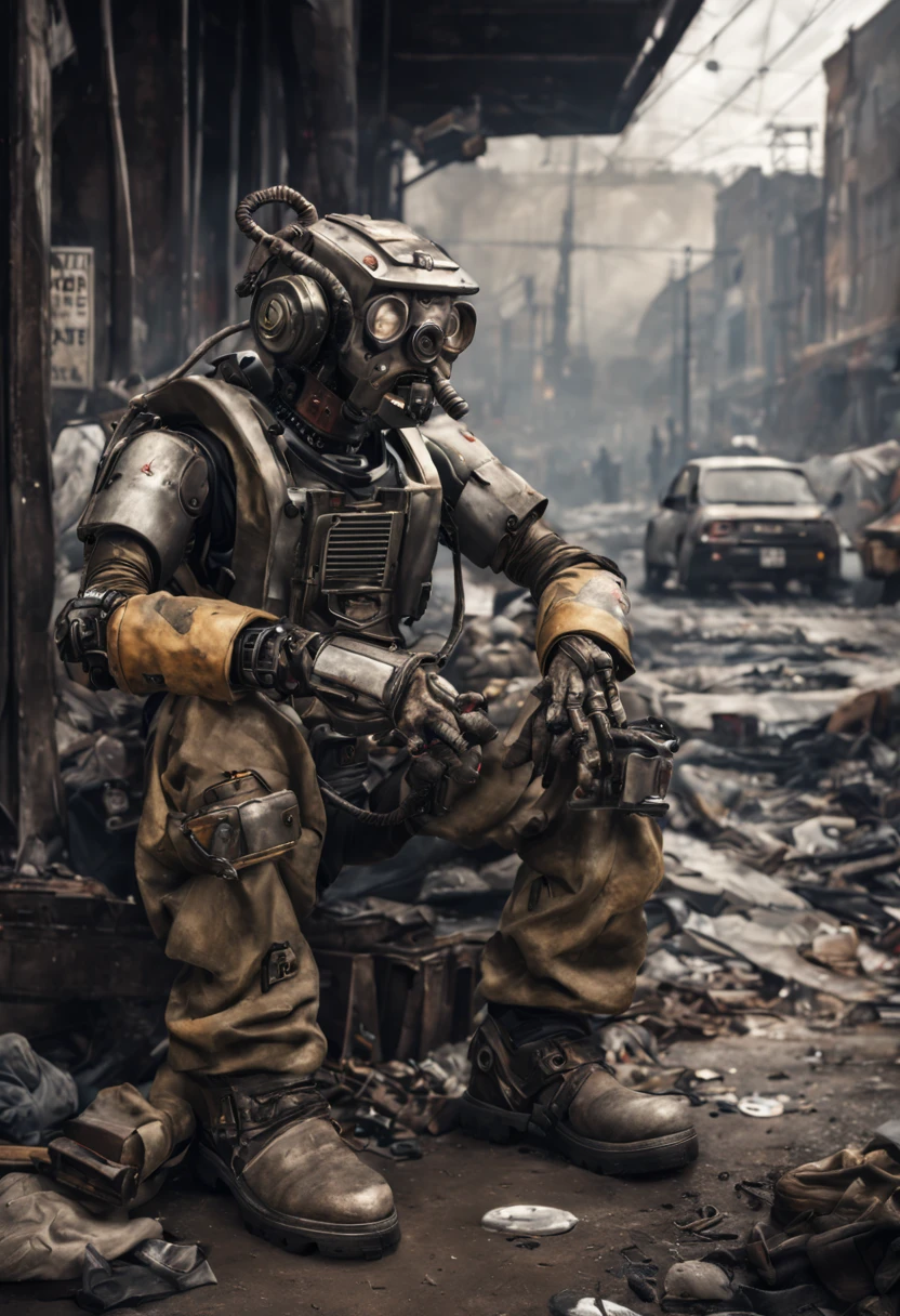 create a dramatic realistic image of a Homeless robotech cyborg dieselpunk beggars, Dirty environment full of pollution The environment is not pleasant.