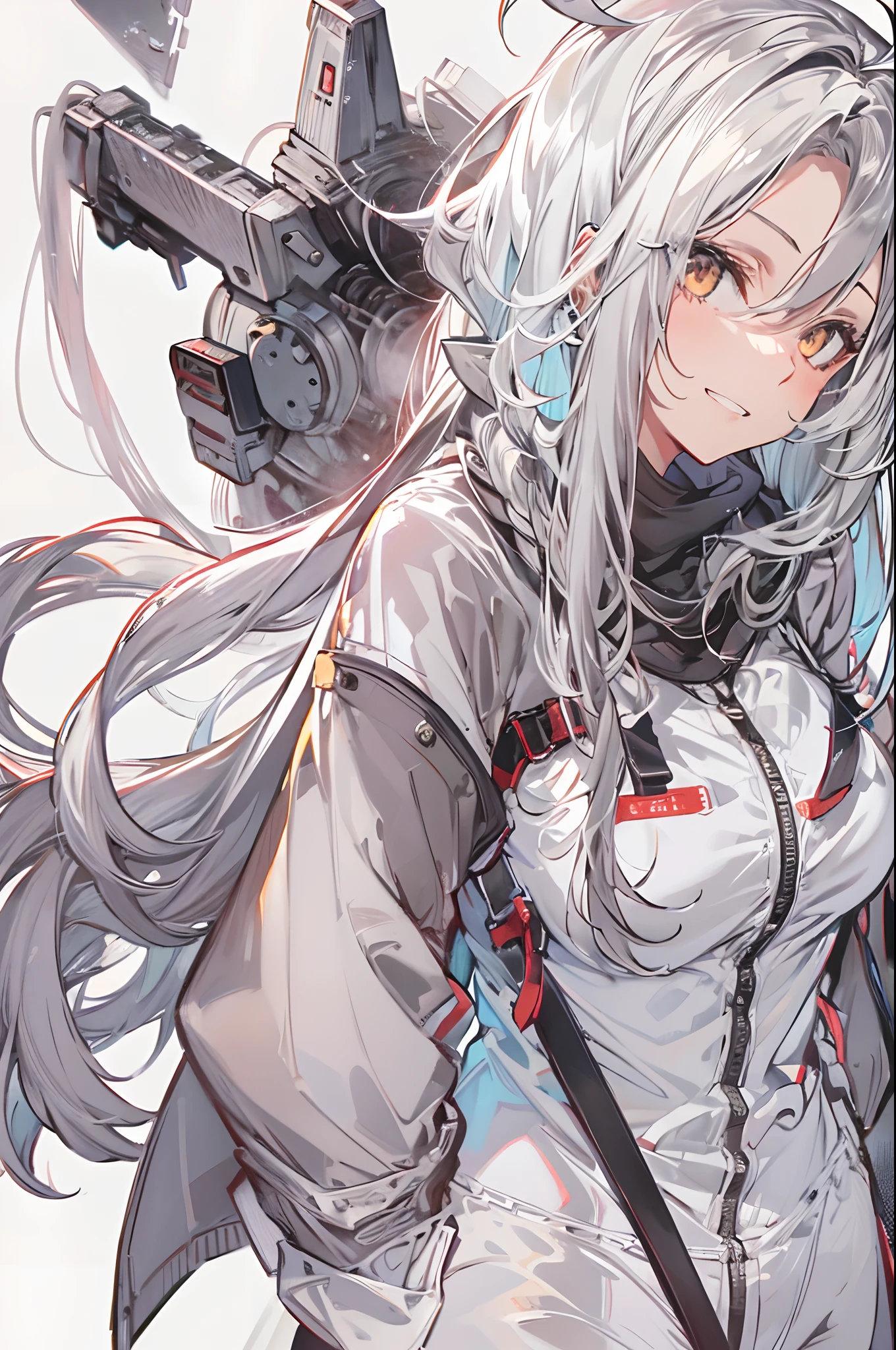 1girl, {solo}, upper body ,{{ {looking at viewer}}}, arm at side, concept art, white background, simple background, white hair, silver gradiient hair , complex cloth, asymmetrical clothes, virtual youtuber, best quality, masterpiece, dynamic angle, guilty gear, guilty gear, guilty gear, cowboy_shot, looking_back, grabbing, girl,woman,female, young,20 years old, very long hair, flipped hair, silver hair, flowing hair, ahoge, smirk, beautiful and delicate golden eyes, teeth, medium_breasts, blonde eyes, white skin, coat, hoodie, black_shorts, grey Clothes, transparent_background, backlighting, absurdres, highres, ultra detailed,
