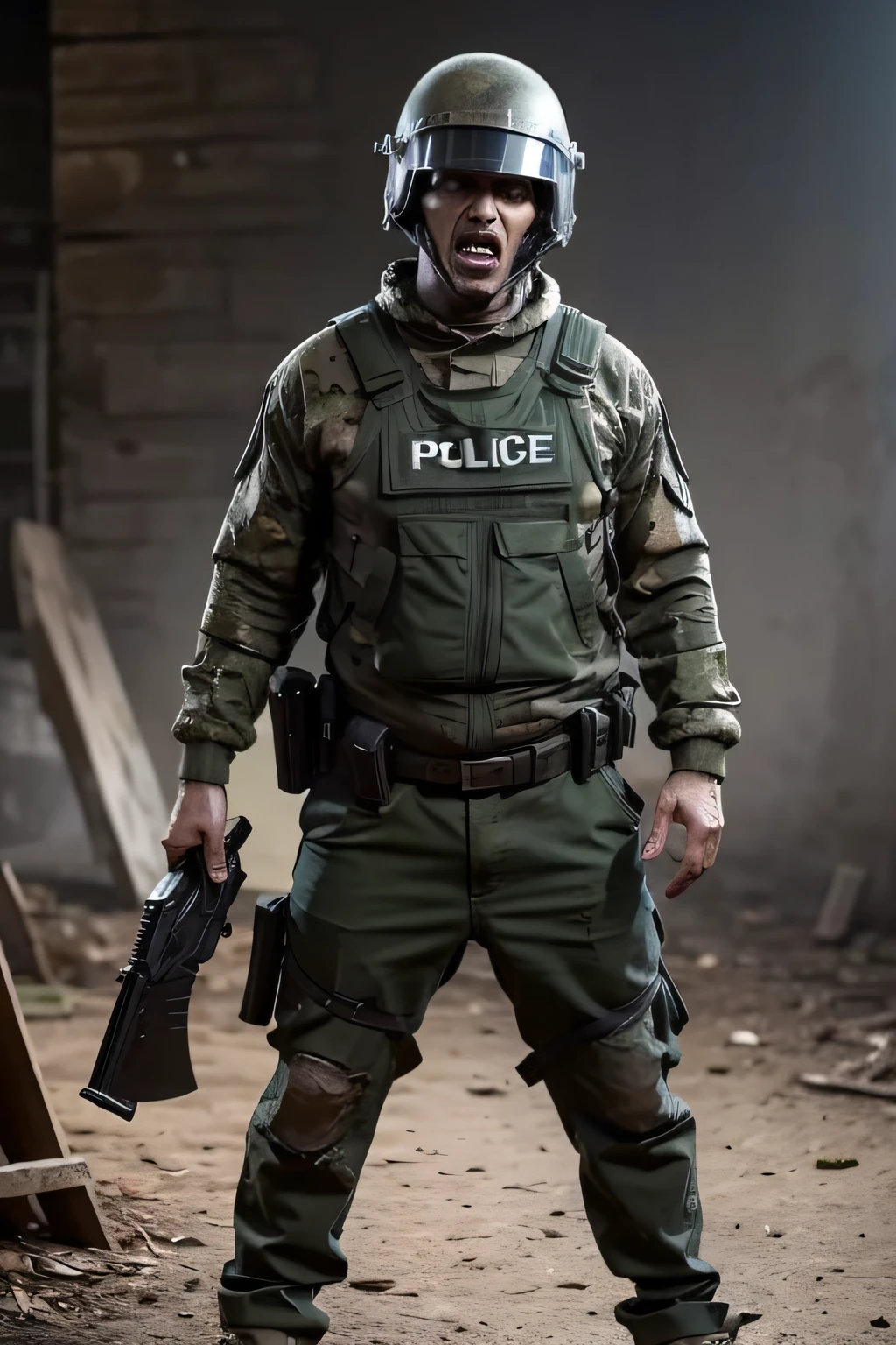 policial da tropa de choque zumbi, with helmet and reinforced clothing, zumbi medonho