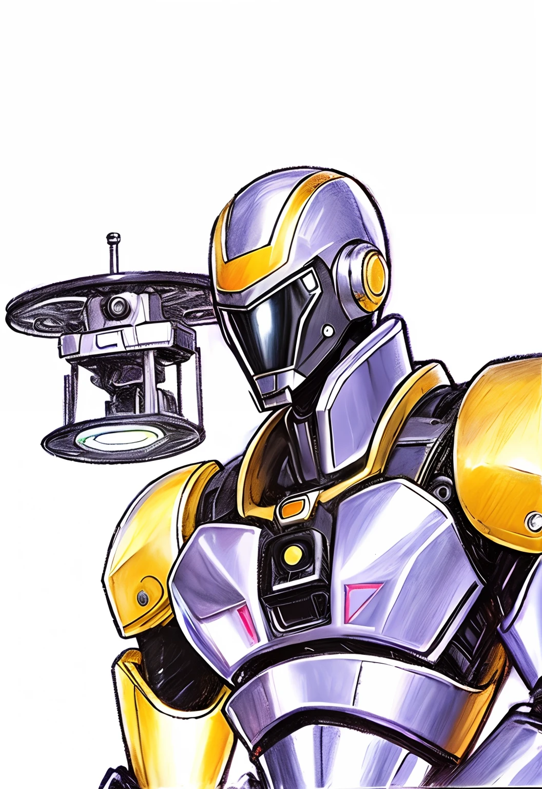 Man in dark tactical suit and golden details with his robot drone, tactical helmet, protetores auriculares, corpo masculino, corpo atletico, detalhes amarelos, Villain, Olhar maligno, roupa escura, corpo muscular, Processado, Looking at the Viewer, inspirado em personagens da DC, realismo, humano, Steel plates on chest, ombreira amarela, olhos brancos, inspirado em personagens da Marvel, drone armado, traje predominantemente escuro, Skin not visible, A drawing of a robot with a camera and a disk, Mecha inspirada, Design de personagens de quadrinhos dos anos 90, Directed by: Yoshiyuki Tomino, kane do comando | & conquistar, # Mecha, Pictorial humanooid mecha, Deus grego no estilo mecha, alexandre ferra mecha, Anfas Retrato de um guerreiro Mech, inspirado em Yoshiyuki Tomino
