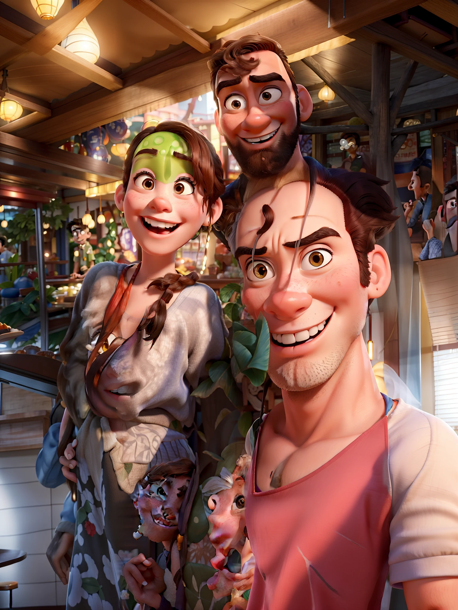 Pixar movie poster of a couple of young lovers taking a picture in Chinese restaurant. A menina tem cabelos pretos e longos, mean eyes, testa grande, sorriso grande. The boy is brunette, meia barba, com olhos grandes e nariz grande.