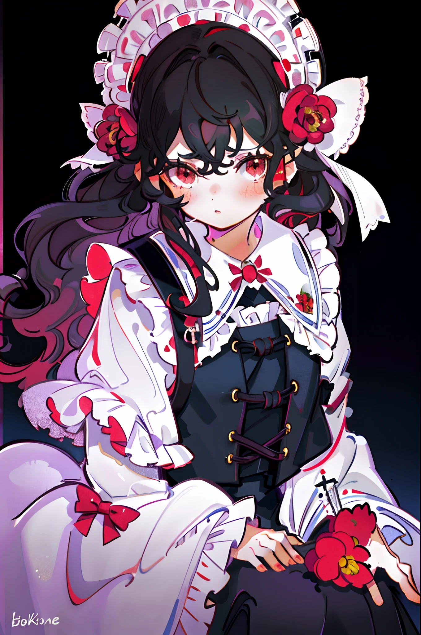 (1girl:1.2), slight blush, wavy hair, black hair, fluffy hair, capelet, lace trim, lace, frills, lolita, bodice, sharp eyes, curly hair, simple background, gothic lolita, black and red blouse, extremely detailed, beautiful background, depth of field, cinematic lighting, Ghibli-like colours, high detail, wind blow, lolita clothes, 8k, bokeh, award winning, (masterpiece:1.3), best quality, anatomically correct, perfect hands, red eyes, demon girl