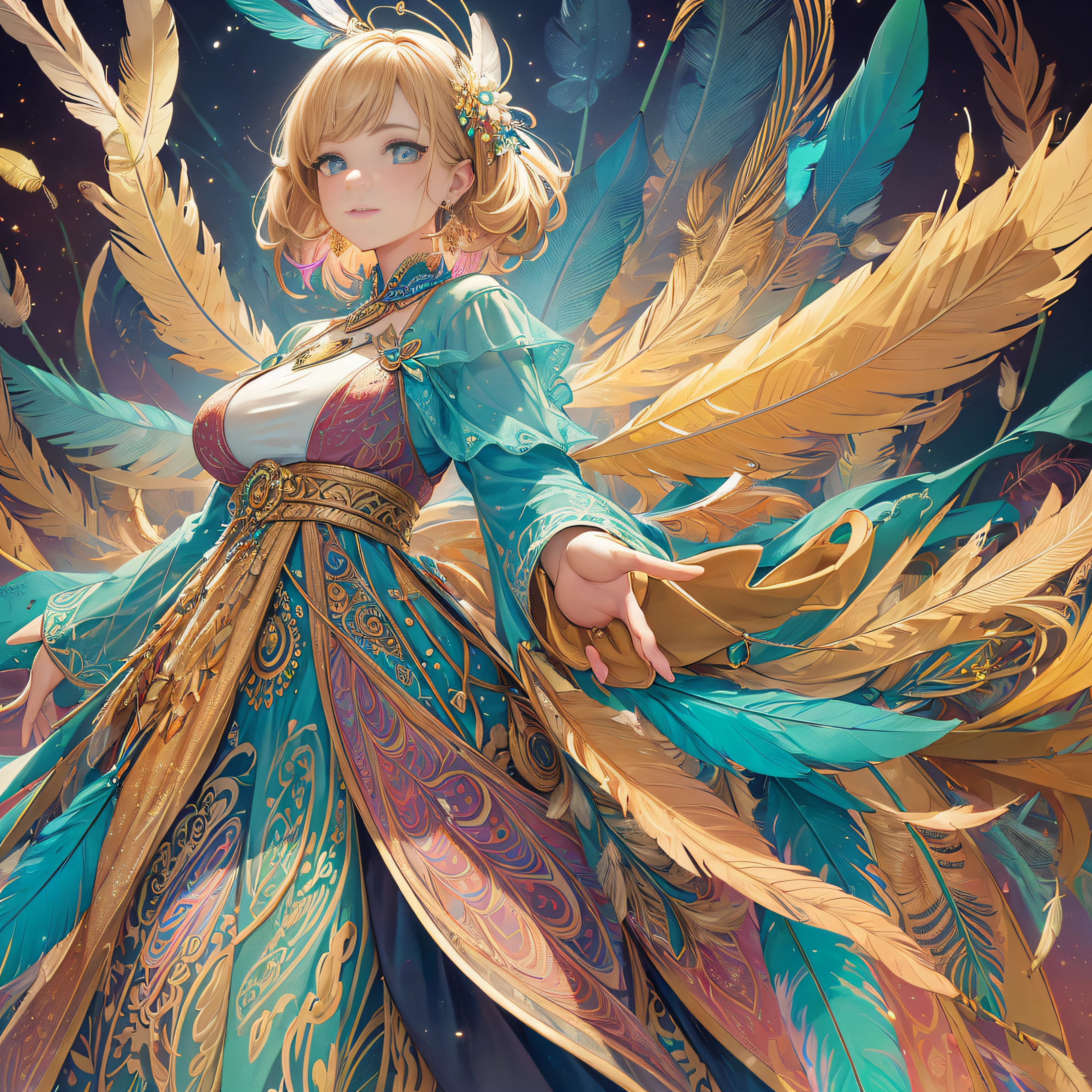 girl with, Big breasts, Bare shoulders, Blonde hair, colorful feather, metal ornaments, Colorful flowers, Particle, light, (masutepiece, of the highest quality, Best Quality, Official art, Beautiful and aesthetic:1.2), (1girl in:1.3), Extremely detailed, (Fractal Art:1.1), ( Colorful:1.1)(Flowers:1.3),highest details,(Zentangle:1.2), (Dynamic Pose), (Abstract background:1.3), (Shiny skin), (Many colors:1.4), (earrings:1.4), (Feathers:1.4), Full body image