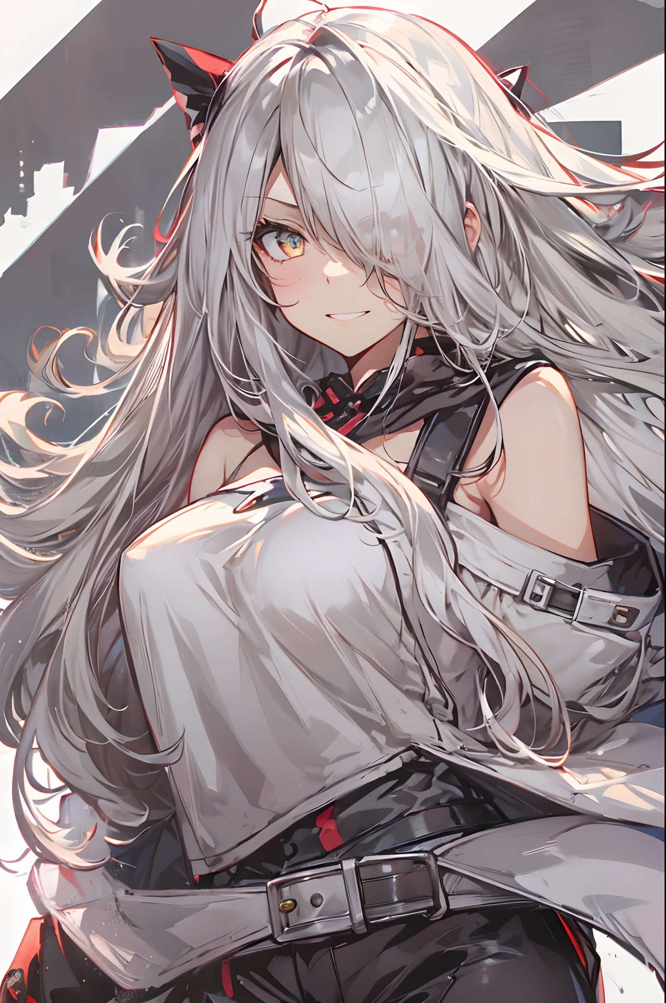 1girl, {solo}, upper body ,{{ {looking at viewer}}}, arm at side, concept art, white background, simple background, white hair, silver gradiient hair , complex cloth, asymmetrical clothes, virtual youtuber, best quality, masterpiece, dynamic angle, guilty gear, guilty gear, guilty gear, cowboy_shot, looking_back, grabbing, girl,woman,female, young,20 years old, very long hair, flipped hair, silver hair, flowing hair, ahoge, smirk, beautiful and delicate golden eyes, teeth, medium_breasts, blonde eyes, white skin, coat, hoodie, black_shorts, grey Clothes, transparent_background, backlighting, absurdres, highres, ultra detailed,