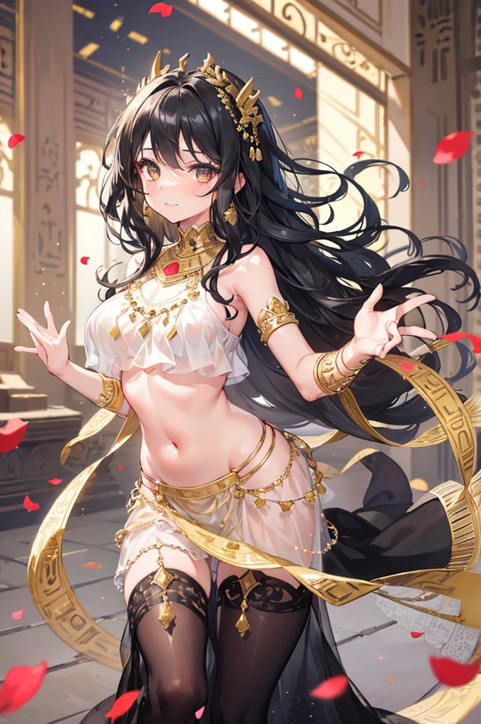 1 girl, black hair, wavy hair, hazel eyes, droopy eyes, mature face, ancient Egyptian style, blurry background, petals, blushed, light smile, dancing, tanned skin, body chain, luxury, long skirt