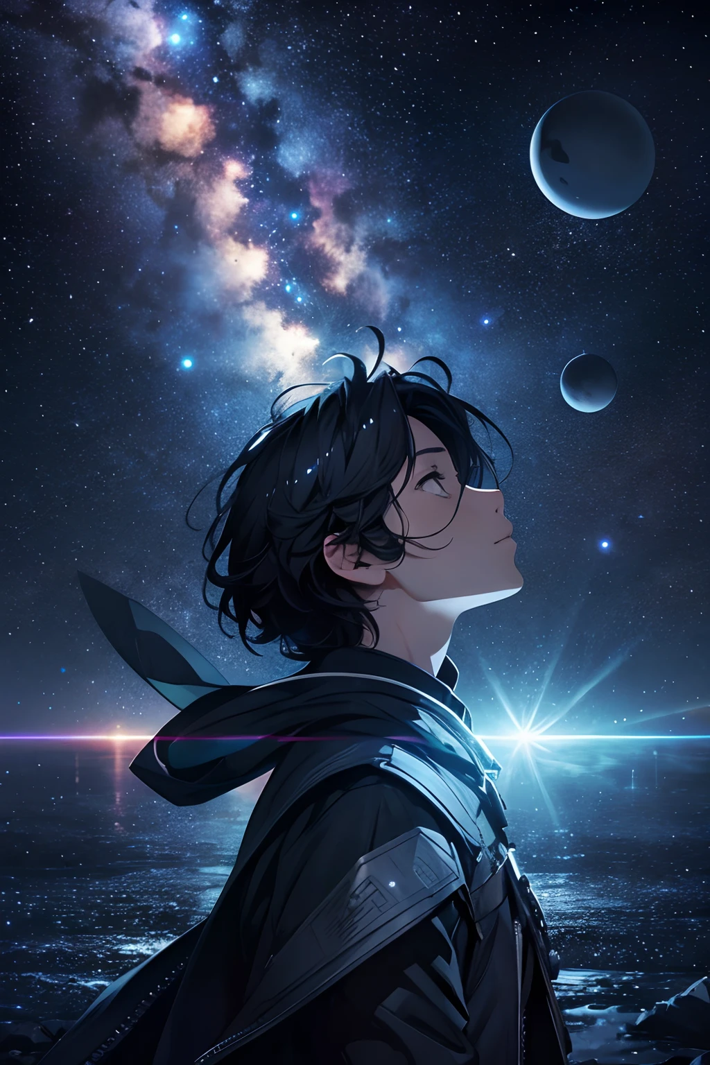 masterpiece、Background with((Fantastic starry sky、kosmos、Meteor swarm、black hole、Irridescent color))depth((planetes))、Looking up