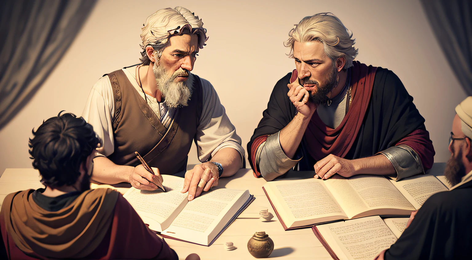 Greek philosophers, Epictetus and Marcus Aurelius talking at a gathering of other philosophers