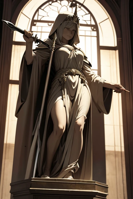 lady justice, blind folded, holding sword and scale, wearing robes