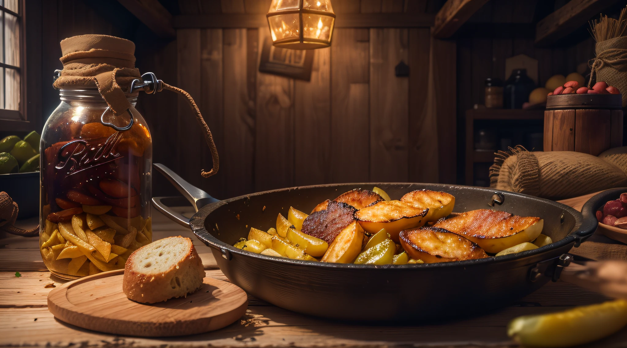 Fried potatoes with fried meat in a pan, Next to it on a wooden table are pickles in a glass jar, Fresh rye bread, Interior of a rustic Russian hut, (best quality,4k,8k,highres,masterpiece:1.2),ultra-detailed,realistic:1.37, subtle shadows and highlights,breathtaking detail and realism