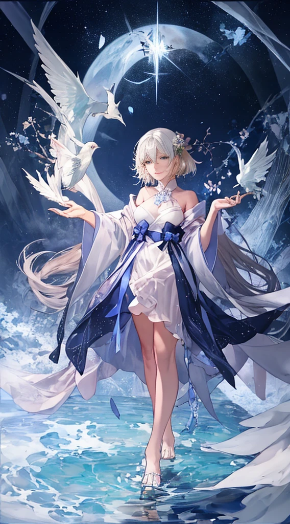 Anime girl in white dress standing in water with a flower, heise jinyao, zerochan art, trending on artstation pixiv, White-haired god, flowing magical robe, Digital art on Pisif , full portrait of elementalist, Beautiful celestial mage, By Yuumei, !!Full body portrait!!, Pisif, full-body xianxia