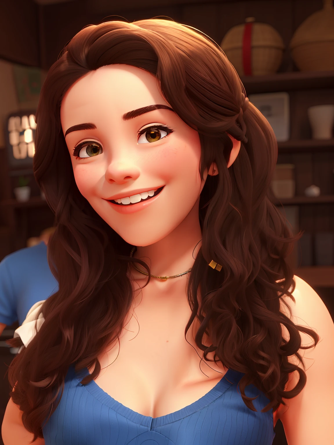 sorrindo, com cabelo cacheado