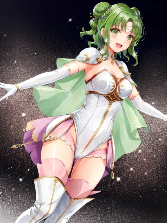larachel fe, 1girl, solo, breasts, looking at viewer, smile, short hair, open mouth, thighhighs, gloves, dress, holding, boots, elbow gloves, white gloves, hair bun, cape, book, sparkle, capelet, thigh boots, white footwear, ((Tight leotard)), ((sexy fight pose)), ((Wrestling ring))