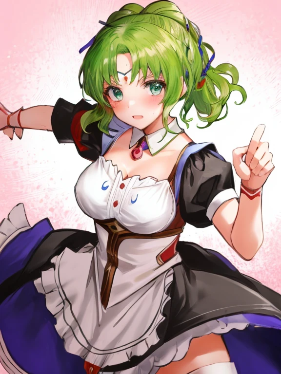 larachel fe, 1girl, solo, breasts, looking at viewer, blush, large breasts, (maid:1.5), ((Tight leotard)), ((sexy fight pose)), ((Wrestling ring))