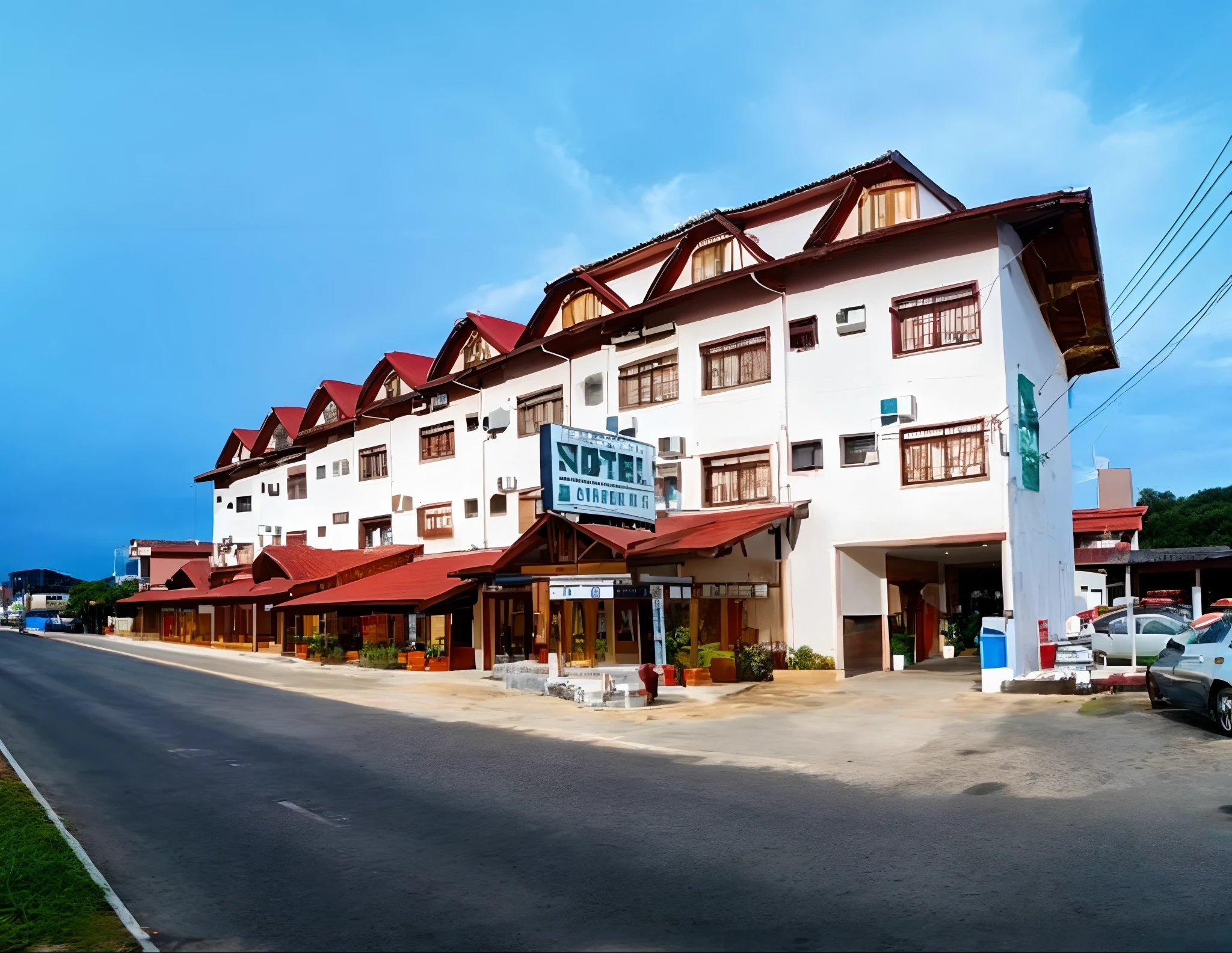 Vista ararfed de um hotel com um carro estacionado em frente, hotel, Fora, tiro Fora, vista Fora, alternate angle, Arte - Deco, art-deco, vista externa, muito ornamentado, Arte Nova, tourist destination, panorama, Completo - Ver, moderno, Art Deco, foto Fora, platina, miniatura, mega, mid view