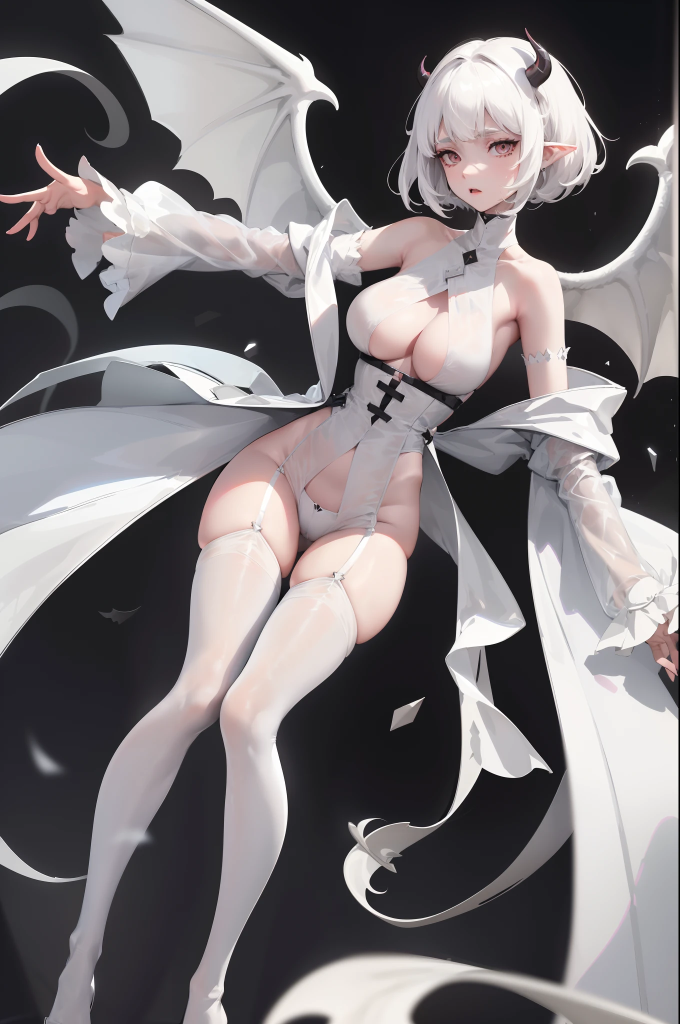 pointy ears，White color hair，Bigboobs，Two legs（Princess cut hairstyle），short detailed hair，Sideburns have long hair，succubi，have demon wings，upper legs，see-through raincoat，Waistless tights