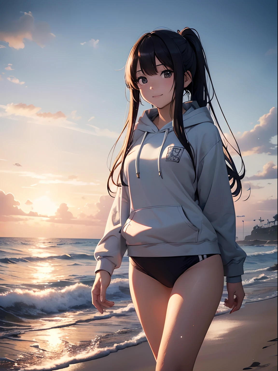 (masutepiece), (Best Quality), hyper detailed illustration，beautiful artwork，(Extreme Detail CG Unity 8K wallpaper、​masterpiece、top-quality)、(exquisite lighting and shadow、highly dramatic picture、cinematic lens effects)、One girl in grey hoodie and school swimsuit standing beach, black long haired girl wearing hoodie,  beautiful  Girl, CG Art, anime style 4 k, Seductive Girl, 4k wallpaper, attractive girl, beautiful  Girl, beautiful alluring teen, Art styles, Look back，Wake up with water，Wet，(Evil smile)，Brown eyes，Wide blue sky，(Tsurime)，(straggling hair)，Saw，(Wet)，poneyTail，(on the beach)，beach side，(light sparkles)，(light particles)，(strong light coming in)，(arched body:1.2)，(head tilt)，