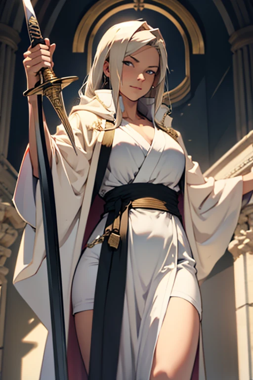 lady justice, blind folded, holding sword and scale, wearing robes