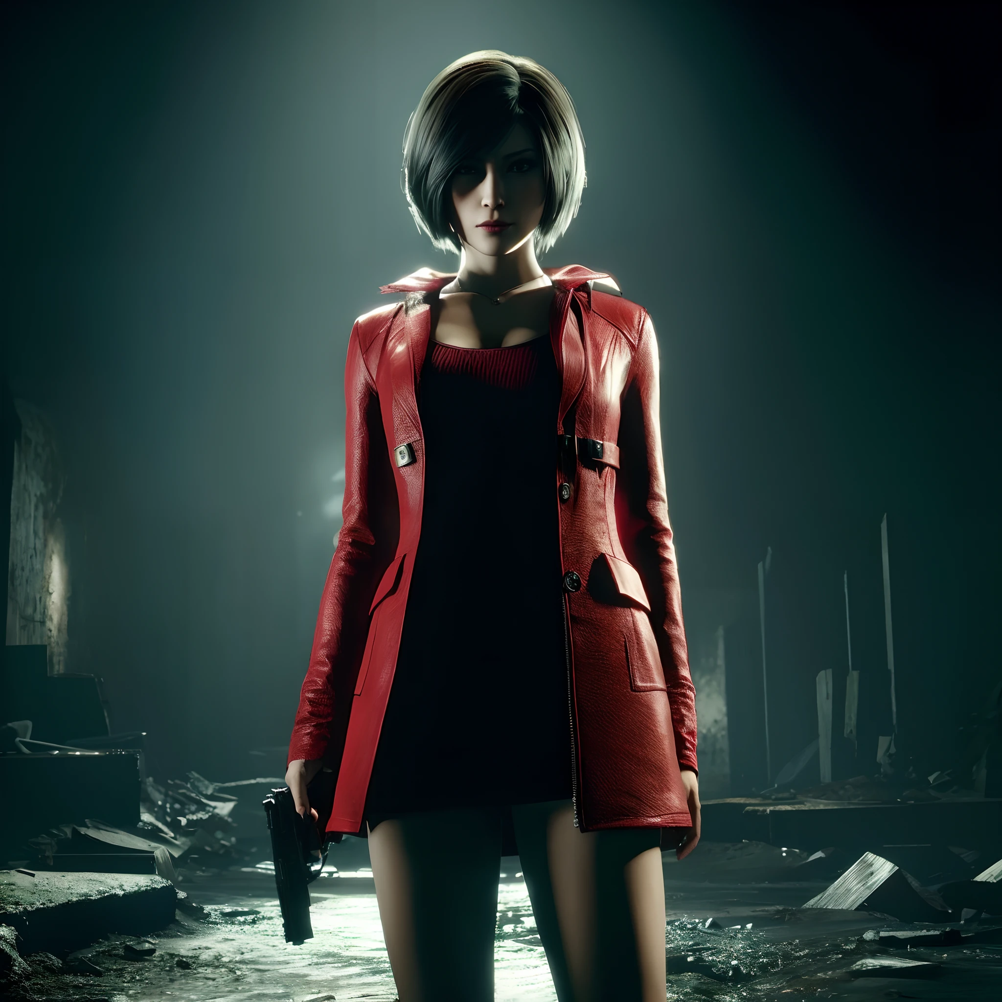 HD, ada wong, beautiful face, bob hair, red long coat with black nail polish,  glare, holding a gun