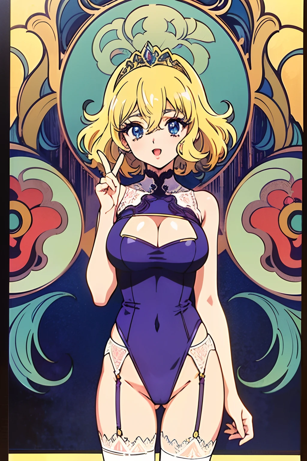 "(masterpiece:1.1), best quality,
1girl, (80s anime style:1.4), (eyelashes:1.5),
(intricate high detailed body:1.2),
blonde hair,
(hair between eyes:1.1), (short hair, wavy hair:1.1), (tiara:1.2),
blue eyes,
( body:1.2), (huge breasts:1.1),
light smile, open mouth,
(lace leotard armor, cleavage cutout:1.2), (garter belt:1.2),
(frill:1.1), (jewelry:1.1), necklace,
standing, peace,
(cowboy shot:1.1),
(bright, vivid color, floral frame, decorative panels, abstract artistic, by Alphonse Mucha:1.1)"