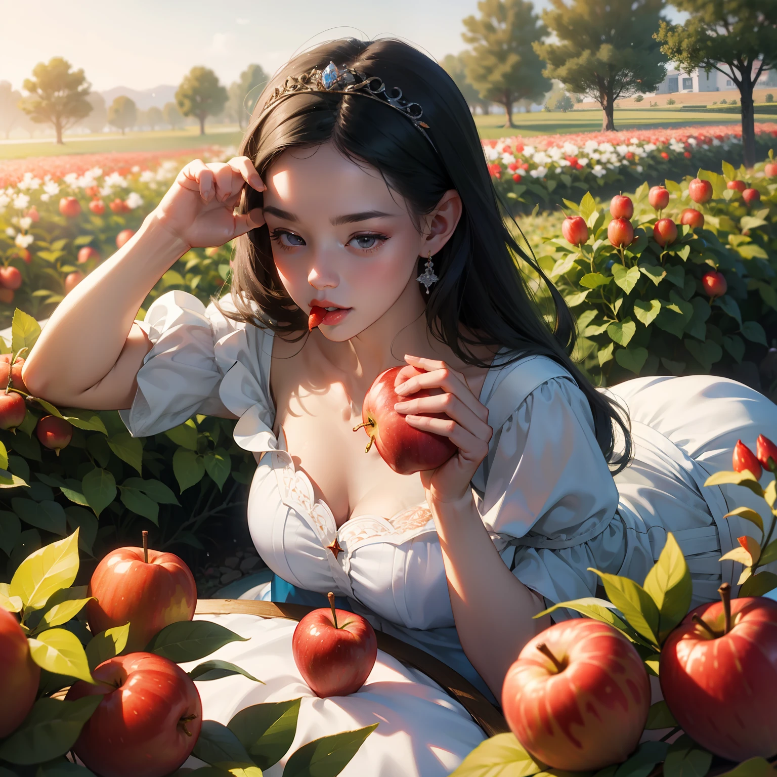 We see beautiful and innocent young princess Snow White eating red and juicy apples inside a flower garden