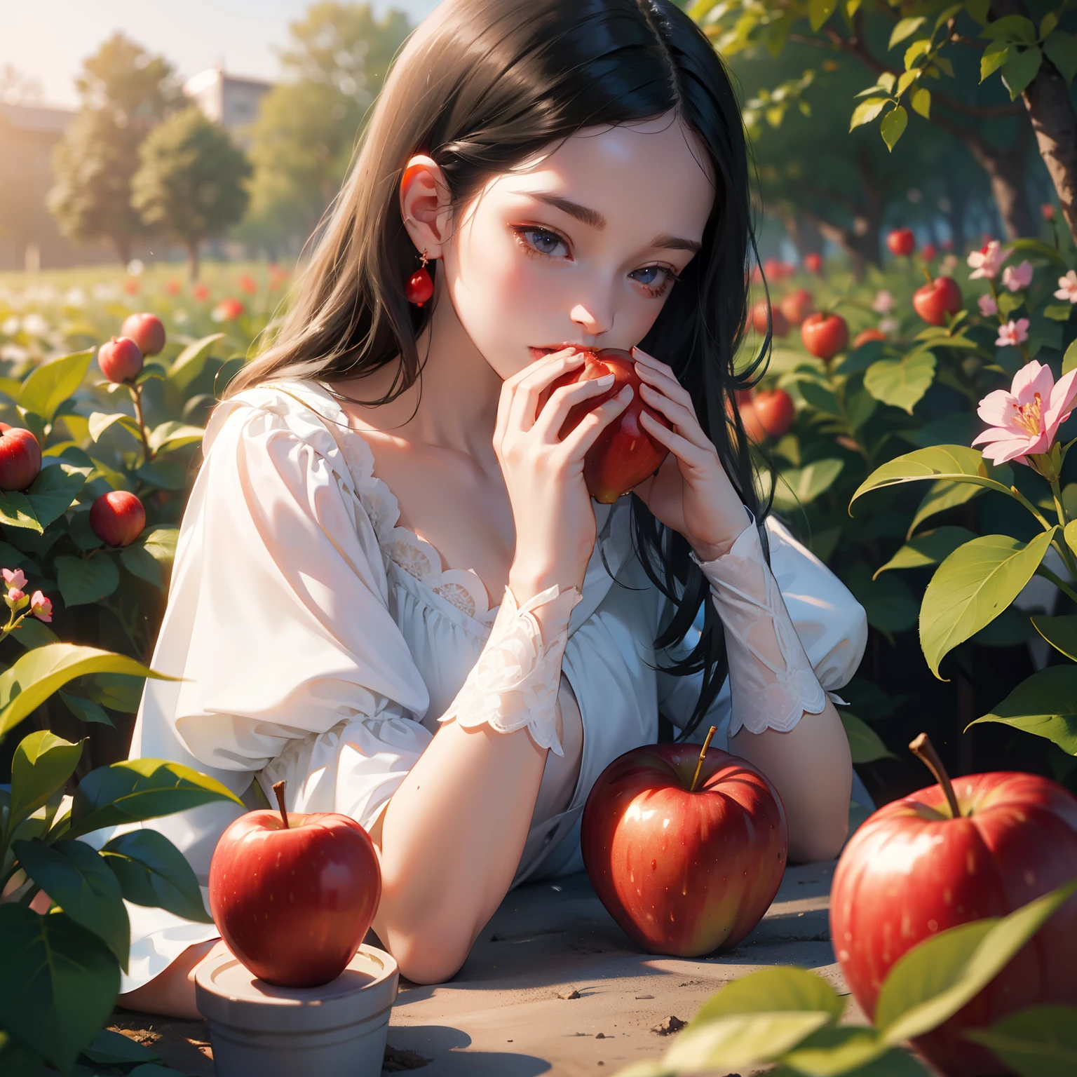 We see beautiful and innocent young princess Snow White eating red and juicy apples inside a flower garden
