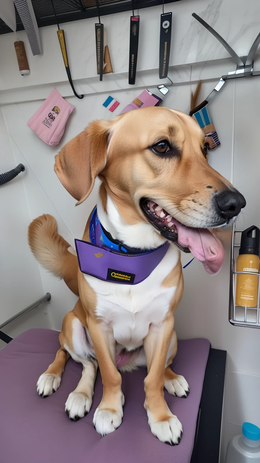 Cachorro arafed sentado em um tapete roxo em uma barbearia, not cropped, head and shoulder shot, olhar orgulhoso, by Amelia Peláez, Barney aposentado, muito bonito, um colorido, mid closeup, olhando para o lado, em detalhe, tiro frontal, Looking towards the camera, looking across the shoulder, looking-into-camera, Handsome, 2 anos