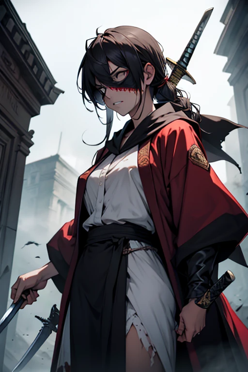 zombie lady justice, wearing blind fold, holding sword and scale, wearing robes